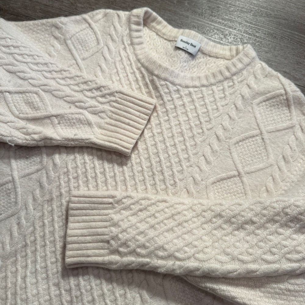 Sunday Best Sweater Women L Birch White Peggy Merino Wool Cable Knit Crewneck